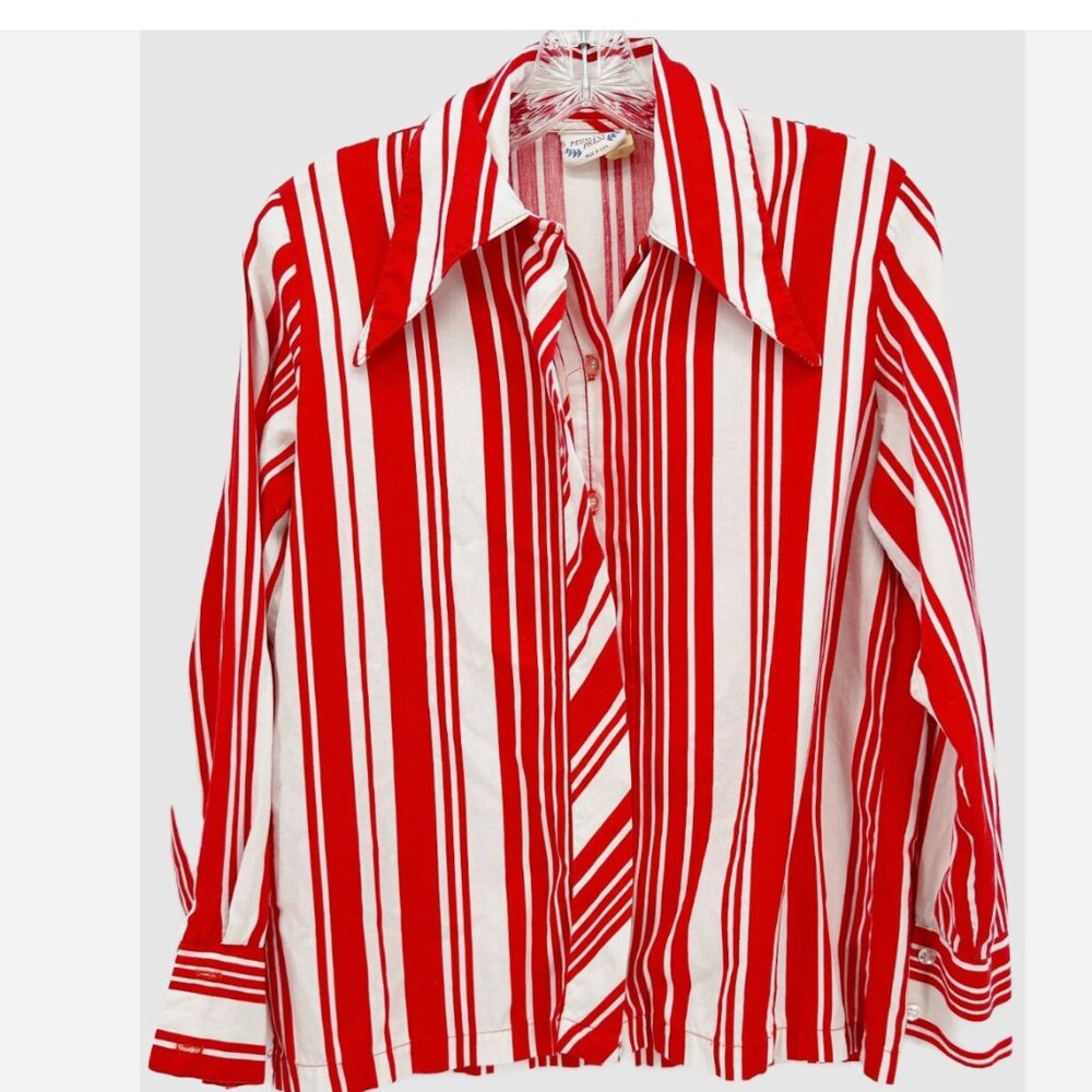 PERMANENT PRESS Button Down Red Stripe Dagger Collar Top XS